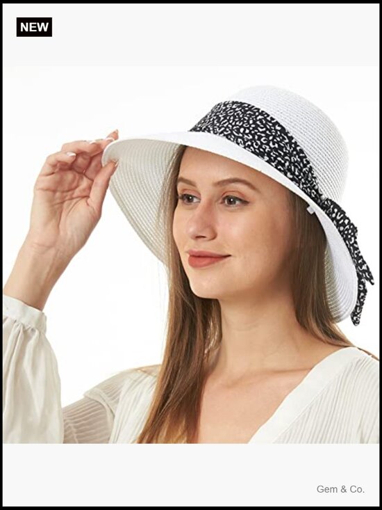 Wide Brim Straw Sun Hat UPF 50 with Chin Strap Floppy Foldable